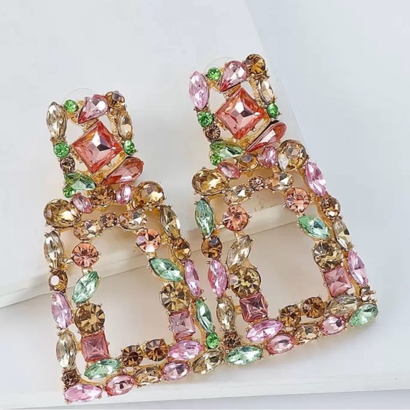 Elegant Multicolor Geometric Crystal Earrings - Picture 2 of 3